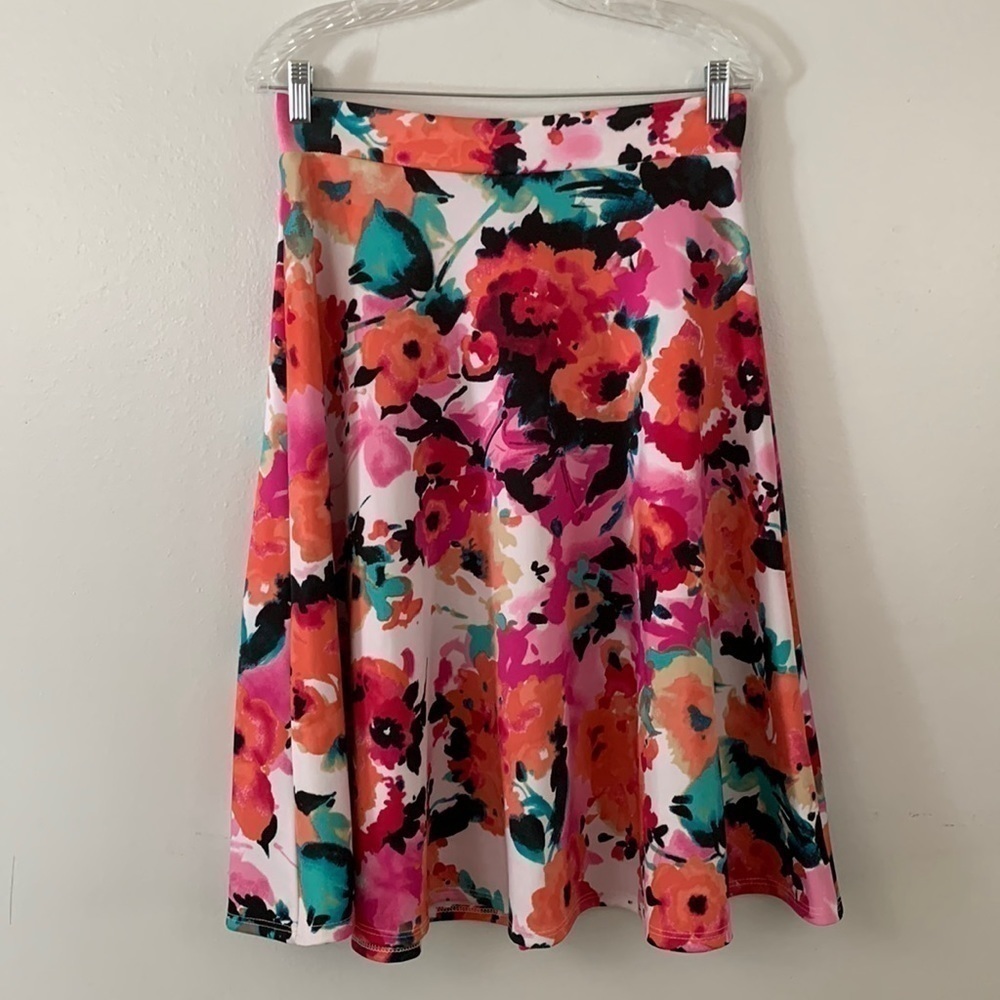 Silhouette NYC Bright Multi Color Knee Length Floral Print Circle Skirt Size L